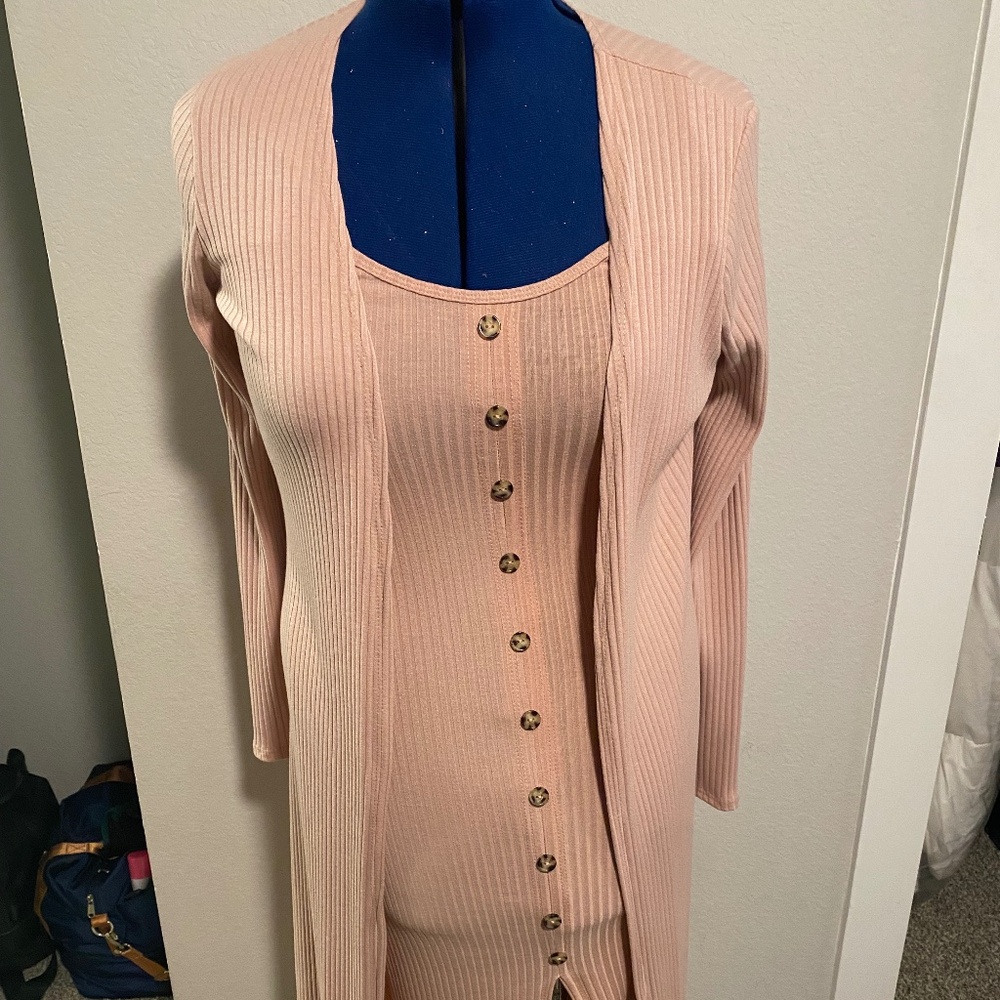 Pink Ribbed Midi Dress & Cardigan Set
